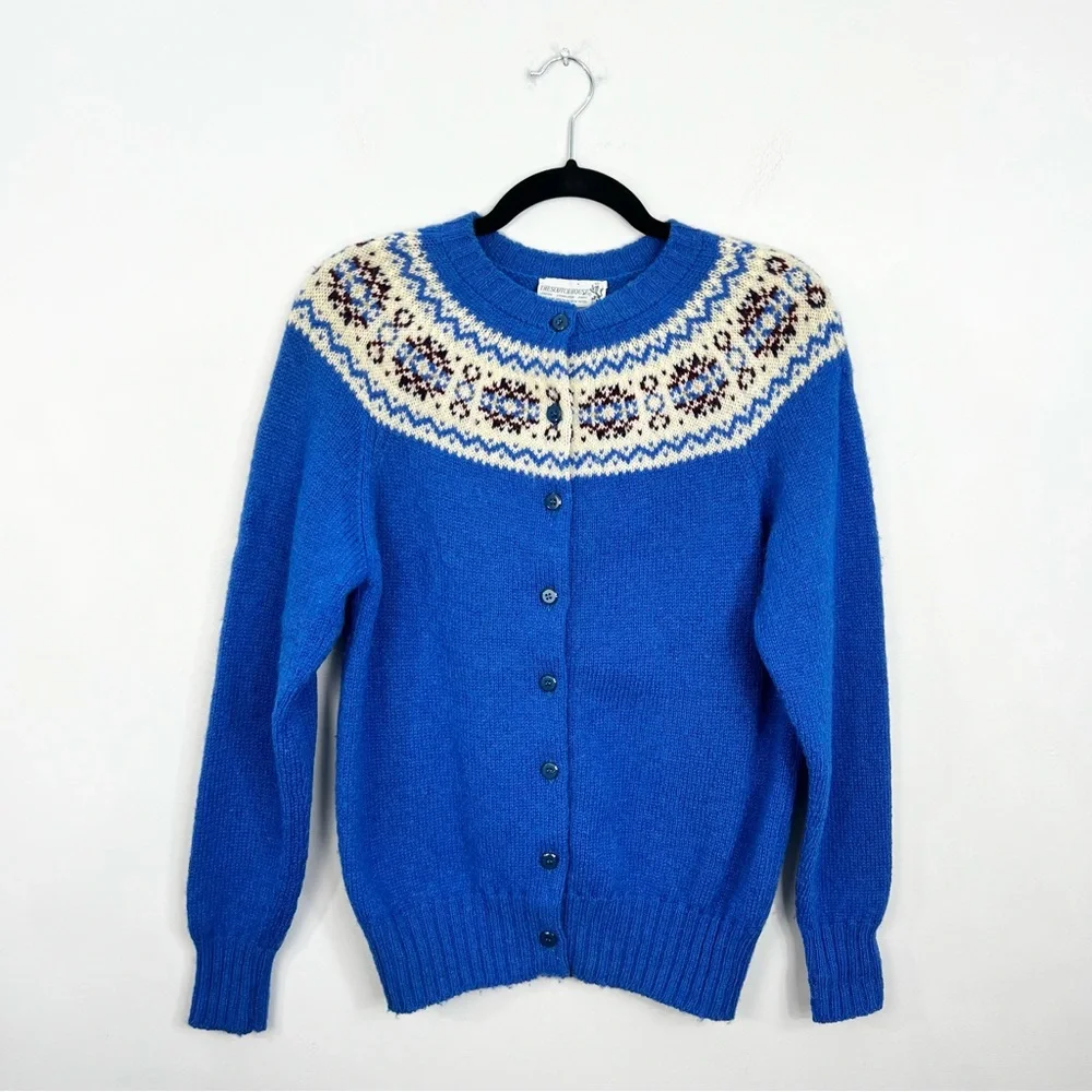 Vintage 70s 80s pure Shetland wool blue fair isle old money cardigan sweater - Picture 4 of 11